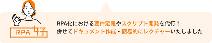 RPA化における要件定義やスクリプト開発を代行！
併せてドキュメント作成・簡易的にレクチャーいたしました