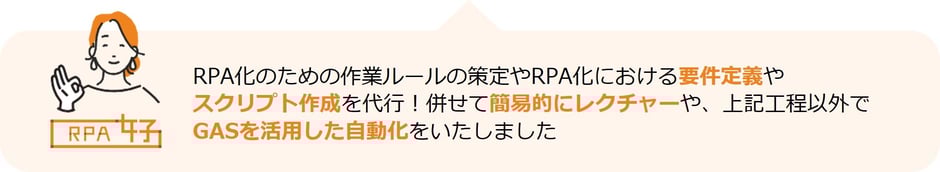 RPA女子が、RPA化のための作業ルールの策定やRPA化における要件定義やスクリプト作成を代行！併せて簡易的にレクチャーや、上記工程以外でGASを活用した自動化をいたしました