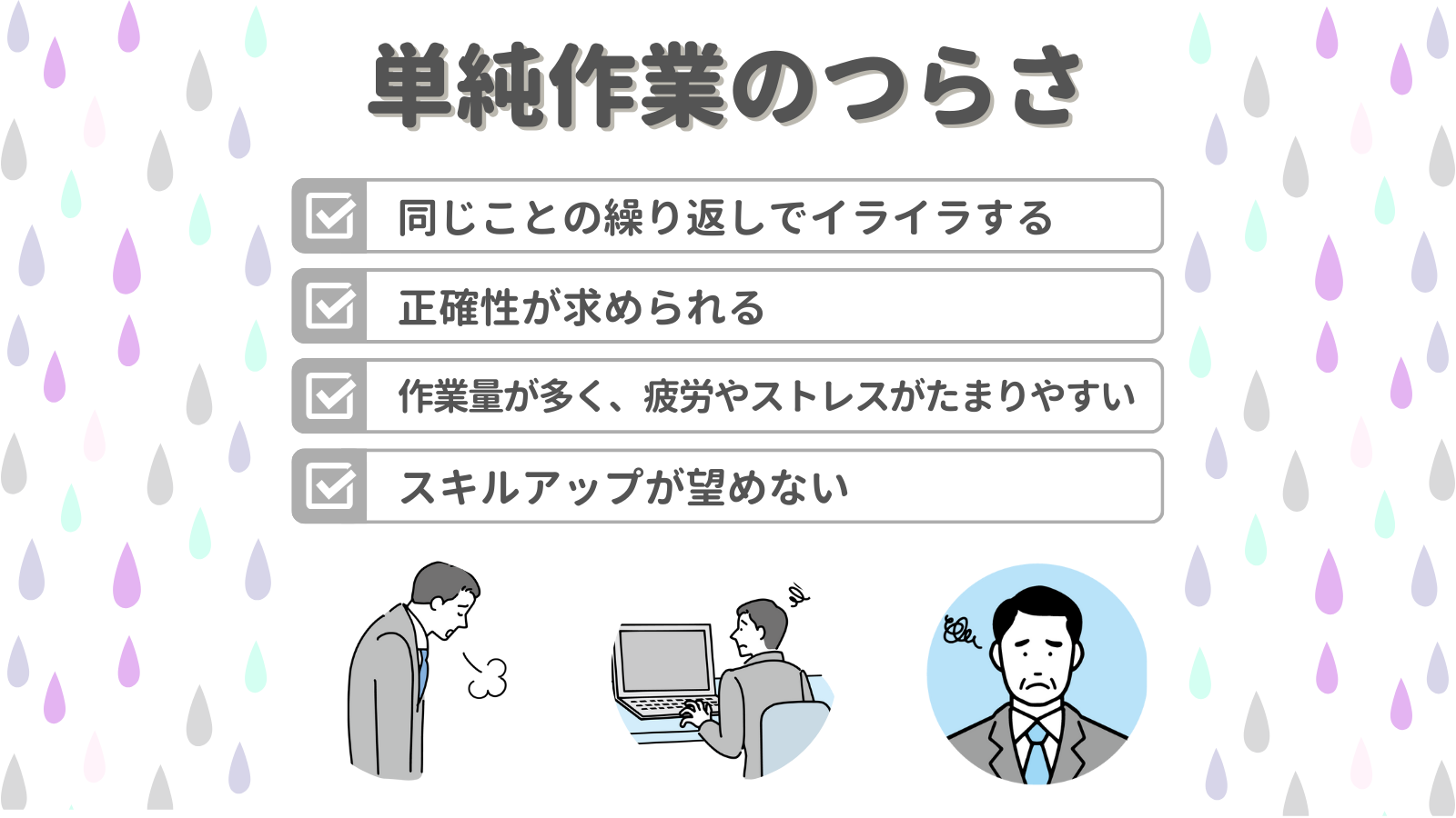 単純作業の辛さ 同じことの繰り返しでイライラする 正確性が求められる 作業量が多く、疲労yやストレスがたまりやすい スキルアップが望めない