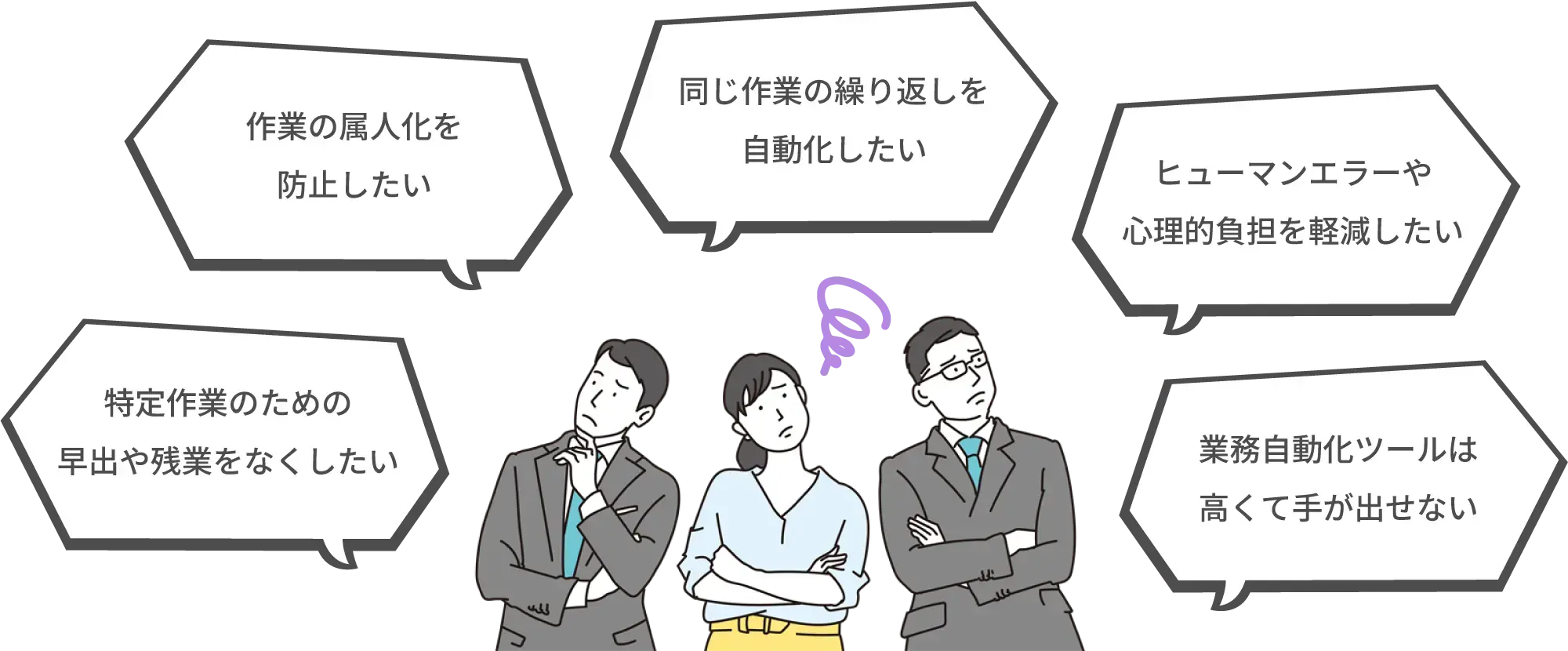 日々の定型業務、こんなお悩みありませんか? 日々の定型業務、こんなお悩みありませんか?